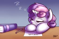 Size: 1000x667 | Tagged: safe, artist:tadashi--kun, character:sweetie belle, species:pony, species:unicorn, book, bust, cute, diasweetes, ear fluff, eyes closed, female, filly, homework, pencil, portrait, sleeping, solo, zzz