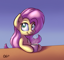 Size: 1000x940 | Tagged: safe, artist:tadashi--kun, character:fluttershy, cup, female, gradient background, smiling, solo, table, tea