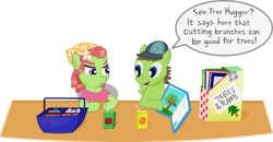 Size: 1188x618 | Tagged: safe, artist:pacificgreen, character:douglas spruce, character:evergreen, character:tree hugger, species:pony, apple juice, book, colt, filly, first grade, foal, juice, juice box, male, orange juice, younger