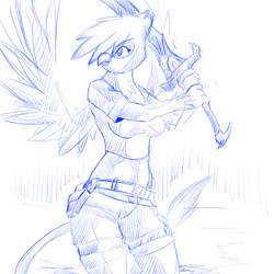 Size: 500x500 | Tagged: safe, artist:cladz, oc, oc only, oc:ginger feathershy, species:anthro, species:griffon, clothing, cosplay, costume, excalibur, lara croft, monochrome, shorts, solo, sword, tank top, tomb raider, weapon