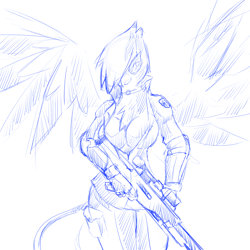 Size: 1280x1280 | Tagged: safe, artist:cladz, oc, oc only, oc:ginger feathershy, species:anthro, species:griffon, breasts, cleavage, clothing, cosplay, costume, female, foxhound, gun, hooves, jumpsuit, konami, metal gear, metal gear solid, monochrome, optical sight, rifle, simple background, sniper rifle, sniper wolf, solo, weapon, white background, wings