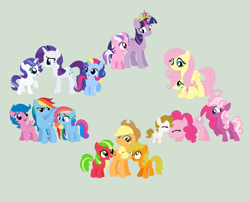 Size: 1024x823 | Tagged: safe, artist:hateful-minds, character:applejack, character:applejack (g1), character:firefly, character:fluttershy, character:glory, character:pinkie pie, character:pinkie pie (g3), character:posey, character:rainbow dash, character:rainbow dash (g3), character:rarity, character:rarity (g3), character:sparkler (g1), character:surprise, character:twilight sparkle, character:twilight sparkle (alicorn), parent:applejack, parent:fluttershy, parent:pinkie pie, parent:rainbow dash, parent:rarity, parent:twilight sparkle, species:alicorn, species:earth pony, species:pegasus, species:pony, species:unicorn, g1, g3, g4, applejack (g3), big crown thingy, element of magic, family, fanfic art, female, filly, foal, g1 six, g1 to g4, g3 to g4, generation leap, gray background, jewelry, mane six, mare, mother and daughter, offspring, regalia, simple background