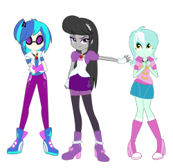 Size: 2413x2350 | Tagged: safe, artist:katedoof, character:dj pon-3, character:lyra heartstrings, character:octavia melody, character:vinyl scratch, equestria girls:rainbow rocks, g4, my little pony: equestria girls, my little pony:equestria girls, accessory swap, alternate hairstyle, alternate universe, amulet, clothes swap, clothing, fingerless gloves, gloves, group, long hair, looking at you, necklace, simple background, sunglasses, the dazzlings, transparent background, trio, vector, wristband