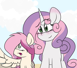 Size: 1800x1600 | Tagged: safe, artist:korgikardigan, character:sweetie belle, oc, parent:scootaloo, parent:sweetie belle, parents:scootabelle, species:pegasus, species:pony, species:unicorn, blushing, ear blush, female, magical lesbian spawn, mother and daughter, offspring, older