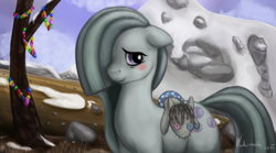 Size: 1200x665 | Tagged: safe, artist:winternachts, character:marble pie, character:smarty pants, species:earth pony, species:pony, episode:hearthbreakers, g4, my little pony: friendship is magic, blushing, cute, female, floppy ears, hair over one eye, implied marblemac, mare, rock candy necklace, rock farm, shy, smiling, solo