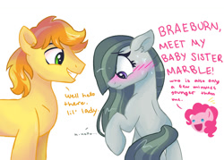 Size: 1023x731 | Tagged: safe, artist:dreamscapevalley, character:braeburn, character:marble pie, character:pinkie pie, species:earth pony, species:pony, ship:braeble, :d, blushing, crack shipping, dialogue, ear fluff, female, floppy ears, looking away, looking down, male, mare, open mouth, raised hoof, shipping, simple background, smiling, stallion, straight, sweat, white background