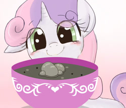 Size: 700x600 | Tagged: safe, artist:yubi, edit, character:sweetie belle, species:pony, species:unicorn, blushing, bowl, bubble, c:, cute, dawwww, diasweetes, female, filly, floppy ears, food, liquid toast, looking at you, smiling, solo, sweetie belle can't cook, sweetie fail, toast