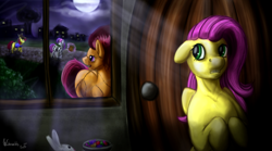 Size: 1200x665 | Tagged: safe, artist:winternachts, character:angel bunny, character:apple bloom, character:fluttershy, character:scootaloo, character:sweetie belle, clothing, costume, cutie mark crusaders, frankenstein's bride, hiding, moonlight, nightmare night, scarecrow, scared, skeleton costume, sweets, trick or treat