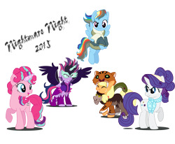 Size: 2603x2147 | Tagged: safe, artist:schnuffitrunks, character:applejack, character:chimera sisters, character:midnight sparkle, character:pinkie pie, character:rainbow dash, character:rarity, character:starlight glimmer, character:suri polomare, character:twilight sparkle, character:twilight sparkle (alicorn), character:wind rider, species:alicorn, species:chimera, episode:rarity investigates, equestria girls:friendship games, g4, my little pony: equestria girls, my little pony: friendship is magic, my little pony:equestria girls, clothing, costume, fake horn, female, midnight sparkle, multiple heads, nightmare night, simple background, three heads, transparent background