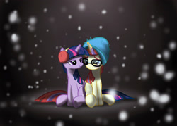 Size: 2800x2000 | Tagged: safe, artist:zigrock, character:moondancer, character:twilight sparkle, character:twilight sparkle (alicorn), species:alicorn, species:pony, ship:twidancer, clothing, female, glasses, hat, intertwined tails, lesbian, mare, shipping, snow, snowfall, toque