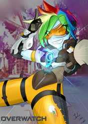 Size: 2893x4092 | Tagged: safe, artist:inkerbeat, artist:noisyvox, character:rainbow dash, my little pony:equestria girls, crossover, eye clipping through hair, female, goggles, overwatch, rainbow tracer, solo, tracer