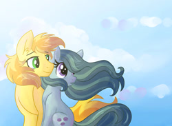 Size: 1024x751 | Tagged: safe, artist:dreamscapevalley, character:braeburn, character:marble pie, species:pony, ship:braeble, a happy ending for marble pie, crack shipping, cute, ear fluff, female, flowing mane, looking back, male, mare, shipping, sitting, smiling, stallion, straight, windswept mane