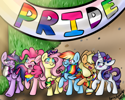 Size: 5000x4000 | Tagged: dead source, safe, artist:rarityforever, character:applejack, character:fluttershy, character:pinkie pie, character:rainbow dash, character:rarity, character:twilight sparkle, character:twilight sparkle (alicorn), species:alicorn, species:pony, agender, agender pride flag, aromantic, aromantic pride flag, asexual, asexual pride flag, bandana, banner, bisexual pride flag, bisexuality, bow, demiromantic pride flag, eyes closed, eyeshadow, female, flag, gay pride, gay pride flag, genderfluid, genderfluid pride flag, hair bow, hair dye, implied flutterdash, implied rarijack, implied twinkie, lesbian, lgbt, makeup, mane dye, mane six, mare, one eye closed, pansexual, pansexual pride flag, pride, pride flag, sexuality headcanon, wristband