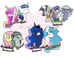 Size: 5000x4000 | Tagged: safe, artist:rarityforever, character:fluttershy, character:limestone pie, character:marble pie, character:maud pie, character:princess cadance, character:princess celestia, character:princess luna, character:shining armor, character:zecora, species:alicorn, species:earth pony, species:pegasus, species:pony, species:unicorn, species:zebra, ship:shiningcadance, aromantic, aromantic pride flag, asexual, asexual pride flag, biromantic, bisexual pride flag, blushing, demiromantic, demiromantic pride flag, demisexual, demisexual pride flag, earring, eyes closed, female, gay pride flag, genderfluid, genderfluid pride flag, homoflexible, lesbian, lgbt, male, marbleshy, pansexual, pansexual pride flag, pie sisters, piercing, pride, sexuality headcanon, shipping, straight