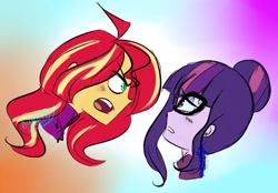 Size: 1024x714 | Tagged: safe, artist:katedoof, character:sunset shimmer, character:twilight sparkle, character:twilight sparkle (scitwi), species:eqg human, equestria girls:friendship games, g4, my little pony: equestria girls, my little pony:equestria girls, angry, clothing, doodle, duo, glasses, open mouth, scene interpretation, signature