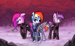 Size: 2560x1600 | Tagged: safe, artist:shovrike, character:maud pie, character:pinkamena diane pie, character:pinkie pie, character:rainbow dash, episode:the cutie re-mark, alternate timeline, amputee, apinkalypse pie, apocalypse dash, apocalypse maud, artificial wings, augmented, crystal war timeline, mechanical wing, prosthetic limb, prosthetic wing, prosthetics, scar, wings
