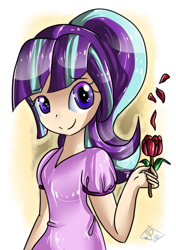 Size: 1024x1451 | Tagged: safe, artist:tamoqu, character:starlight glimmer, species:human, clothing, cute, female, flower, glimmerbetes, humanized, looking at you, smiling, solo, when she smiles
