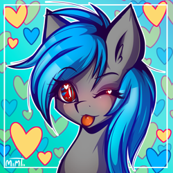 Size: 2861x2862 | Tagged: safe, artist:mimtii, oc, oc only, blep, blushing, cute, ear fluff, heart, looking at you, portrait, smiling, solo, tongue out, wingding eyes, wink