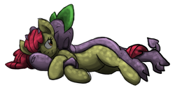Size: 991x522 | Tagged: safe, artist:rannva, character:apple bloom, character:spike, species:dragon, species:earth pony, species:pony, ship:spikebloom, g4, cuddling, cute, eyes closed, female, interspecies, lying down, male, mare, older, on side, shipping, simple background, sleeping, smiling, snuggling, straight