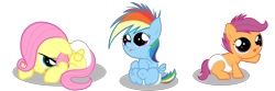 Size: 9000x3000 | Tagged: safe, artist:zigrock, character:fluttershy, character:rainbow dash, character:scootaloo, species:pony, baby, baby dash, baby pony, baby scootaloo, babyshy, cute, cutealoo, dashabetes, diaper, filly, foal, shyabetes, simple background, transparent background, vector, wingless