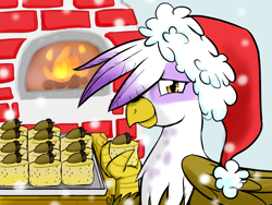 Size: 1024x768 | Tagged: safe, artist:shujiwakahisaa, character:gilda, species:griffon, episode:hearth's warming eve, g4, my little pony: friendship is magic, 12 days of christmas, christmas, clothing, female, griffon scone, hat, santa hat, smiling, solo, twelve days of christmas, winter