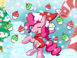 Size: 1024x768 | Tagged: safe, artist:shujiwakahisaa, character:pinkie pie, episode:hearth's warming eve, g4, my little pony: friendship is magic, 12 days of christmas, candy, candy cane, christmas, christmas tree, clothing, cupcake, cute, diapinkes, eyes closed, female, food, hat, holiday, santa hat, snow, snowfall, solo, tree, twelve days of christmas, winter