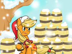 Size: 1024x768 | Tagged: safe, artist:shujiwakahisaa, character:applejack, 12 days of christmas, alcohol, barrel, cider, clothing, female, food, hat, hearth's warming, holly, licking, licking lips, mug, santa hat, sitting, snow, snowfall, solo, tongue out, twelve days of christmas