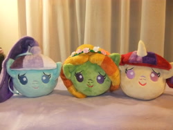 Size: 4000x3000 | Tagged: safe, artist:masha05, character:coloratura, character:countess coloratura, character:moondancer, character:tree hugger, species:pony, baby, baby ponies, baby pony, baby pony plushies, bed, cute, floral head wreath, irl, missing accessory, photo, plushie