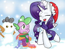 Size: 1024x768 | Tagged: safe, artist:shujiwakahisaa, character:rarity, character:spike, ship:sparity, 12 days of christmas, christmas, clothing, duo, eyes closed, female, hat, male, one eye closed, santa hat, scarf, scarves, shipping, snowman, straight, twelve days of christmas