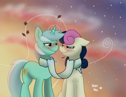 Size: 2200x1700 | Tagged: safe, artist:cat4lyst, character:bon bon, character:lyra heartstrings, character:sweetie drops, ship:lyrabon, autumn, bedroom eyes, blushing, clothing, female, leaves, lesbian, scarf, shared clothing, shared scarf, shipping, stars, twilight (astronomy)