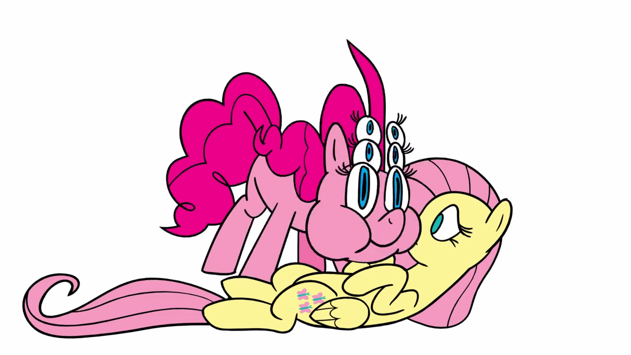 Size: 1280x720 | Tagged: safe, artist:thex-plotion, character:fluttershy, character:pinkie pie, body horror, eldritch abomination, great moments in animation, imminent tickles, on back, puffy cheeks, smear frame, wat