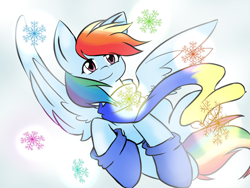 Size: 1024x768 | Tagged: safe, artist:shujiwakahisaa, character:rainbow dash, 12 days of christmas, boots, clothing, female, scarf, snow, snowflake, solo, twelve days of christmas, winter
