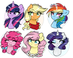 Size: 5000x4000 | Tagged: safe, artist:rarityforever, character:applejack, character:fluttershy, character:pinkie pie, character:rainbow dash, character:rarity, character:twilight sparkle, absurd resolution, alternate hairstyle, bandana, blushing, braid, eyes closed, flower, hair bow, mane six, pigtails, smiling, tongue out, wink