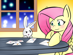 Size: 1024x768 | Tagged: safe, artist:shujiwakahisaa, character:angel bunny, character:fluttershy, 12 days of christmas, blushing, letter, snow, snowfall, twelve days of christmas