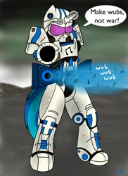 Size: 931x1280 | Tagged: safe, artist:nuka-kitty, character:dj pon-3, character:vinyl scratch, species:anthro, bass cannon, fallout, funny, gill sans, power armor, powered exoskeleton, t51 power armor, wasteland, wub