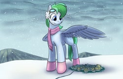 Size: 1280x818 | Tagged: safe, artist:clock-face, part of a set, oc, oc only, oc:minty (silverflame), species:pegasus, species:pony, comic:minty, comic:minty (silverflame), boots, clothing, earmuffs, goggles, growth, macro, scarf, snow, snowfall, solo, town, wing umbrella