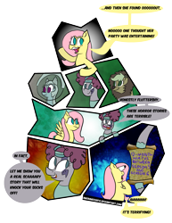 Size: 1411x1825 | Tagged: safe, artist:sneshneeorfa, character:applejack, character:fluttershy, character:pinkie pie, episode:scare master, g4, my little pony: friendship is magic, applelion, astrodash, clothing, comic, costume, fourth wall, nightmare night costume, no pupils, pinkie puffs