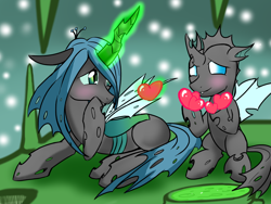 Size: 1024x768 | Tagged: safe, artist:shujiwakahisaa, character:queen chrysalis, species:changeling, episode:hearth's warming eve, g4, my little pony: friendship is magic, 12 days of christmas, blushing, changeling feeding, changeling queen, christmas, christmas changeling, cute, cutealis, cuteling, duo, female, glowing horn, heart, magic, nymph, prone, sitting, smiling, snow, twelve days of christmas
