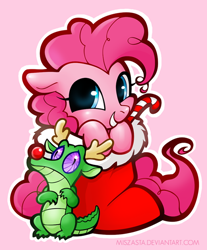 Size: 500x603 | Tagged: safe, artist:miszasta, character:gummy, character:pinkie pie, species:earth pony, species:pony, alligator, candy, candy cane, christmas, christmas stocking, clothing, costume, cute, diapinkes, female, food, looking at you, male, mare, pink background, simple background, smiling