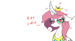 Size: 1632x900 | Tagged: safe, artist:apinklife, artist:pinkgagy, oc, oc only, oc:gagy, species:alicorn, species:pony, alicorn oc, bedroom eyes, blushing, bust, crown, curved horn, dialogue, eyelashes, eyeshadow, female, floppy ears, heart, jewelry, looking at you, makeup, mare, regalia, simple background, smiling, solo, white background