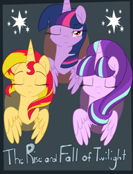 Size: 5000x6500 | Tagged: dead source, safe, artist:rarityforever, character:starlight glimmer, character:sunset shimmer, character:twilight sparkle, character:twilight sparkle (alicorn), species:alicorn, species:pony, absurd resolution, alicornified, eyes closed, fanfic art, fanfic cover, one eye closed, race swap, shimmercorn, starlicorn, the rise and fall of twilight, xk-class end-of-the-world scenario