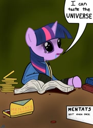Size: 931x1280 | Tagged: safe, artist:nuka-kitty, part of a set, character:twilight sparkle, book, bookhorse, clothing, crossover, dialogue, dilated pupils, drool, drug use, drugs, fallout, female, funny, i can see forever, mentats, not even once, open mouth, solo, speech bubble, vault suit