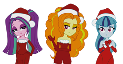 Size: 4000x2100 | Tagged: safe, artist:backgrounduser, character:adagio dazzle, character:aria blaze, character:sonata dusk, my little pony:equestria girls, bare shoulders, christmas, clothing, santa costume, sleeveless, strapless, the dazzlings