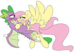 Size: 1024x729 | Tagged: safe, artist:korgikardigan, character:fluttershy, character:spike, ship:flutterspike, blushing, embrace, female, hug, looking at each other, male, older, older spike, shipping, simple background, smiling, spread wings, straight, transparent background, winged spike, wings