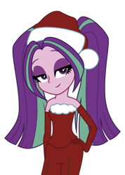 Size: 3200x4500 | Tagged: safe, artist:backgrounduser, character:aria blaze, my little pony:equestria girls, bare shoulders, bedroom eyes, clothing, female, hat, santa costume, santa hat, simple background, sleeveless, solo, strapless, transparent background, vector