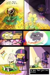 Size: 1024x1536 | Tagged: safe, artist:daughter-of-fantasy, character:twilight sparkle, species:human, spoilers for another series, :|, =~=, asriel dreemurr, comic, crossover, dialogue, dragging, flowey, friendship, frisk, frown, glare, glowing eyes, good end, grin, horn wand, humanized, magic, open mouth, pulling, shivering, smiling, smirk, sweat, twilight friskle, undertale, wand, wide eyes