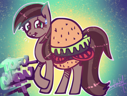 Size: 2048x1536 | Tagged: safe, artist:aimihanibal, oc, oc only, species:pony, 30 minute art challenge, abstract background, burger, crossed hooves, food, food pony, grin, hamburger, looking at you, nervous, nervous grin, oekaki, original species, smiling, sweat