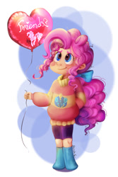 Size: 800x1200 | Tagged: safe, artist:daughter-of-fantasy, character:pinkie pie, species:human, balloon, blushing, clothing, cute, diapinkes, female, hair bow, heart balloon, humanized, smiling, solo, sweater