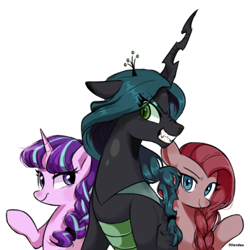 Size: 540x540 | Tagged: safe, artist:dilandau203, character:pinkamena diane pie, character:pinkie pie, character:queen chrysalis, character:starlight glimmer, species:changeling, species:earth pony, species:pony, species:unicorn, alternate hairstyle, braid, changeling queen, female, grin, mare, raised hoof, signature, simple background, sitting, slit pupils, smiling, smirk, trio, white background