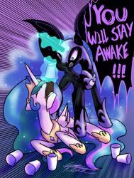 Size: 1024x1352 | Tagged: safe, artist:midnameowfries, character:nightmare moon, character:princess celestia, character:princess luna, coffee, don't go to bed, food, force feeding, glowing horn, magic, telekinesis